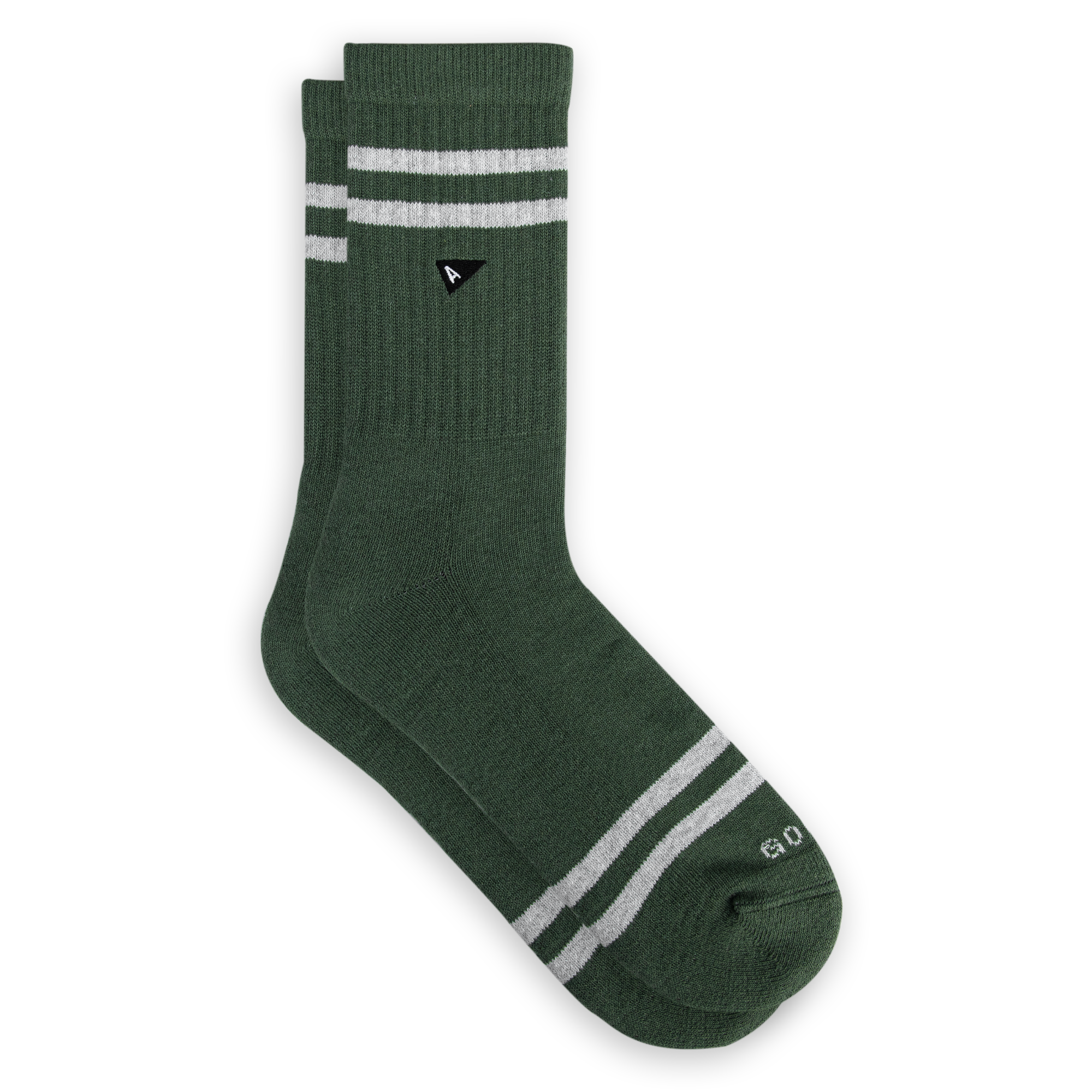 Arvin Goods crew sock with seasonal olivine stripe colorway. Made in Portugal with recycled yarns.
