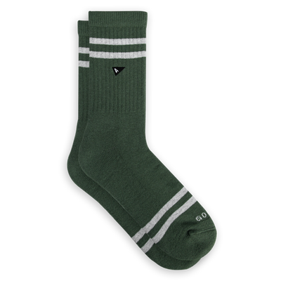 Arvin Goods crew sock with seasonal olivine stripe colorway. Made in Portugal with recycled yarns.