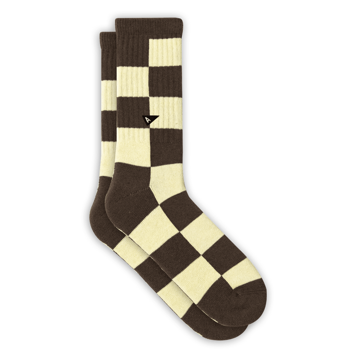 Arvin Goods crew sock in seasonal Checkered color. Made in Portugal with recycled yarns. Classic fit, cushioned sole, unisex.