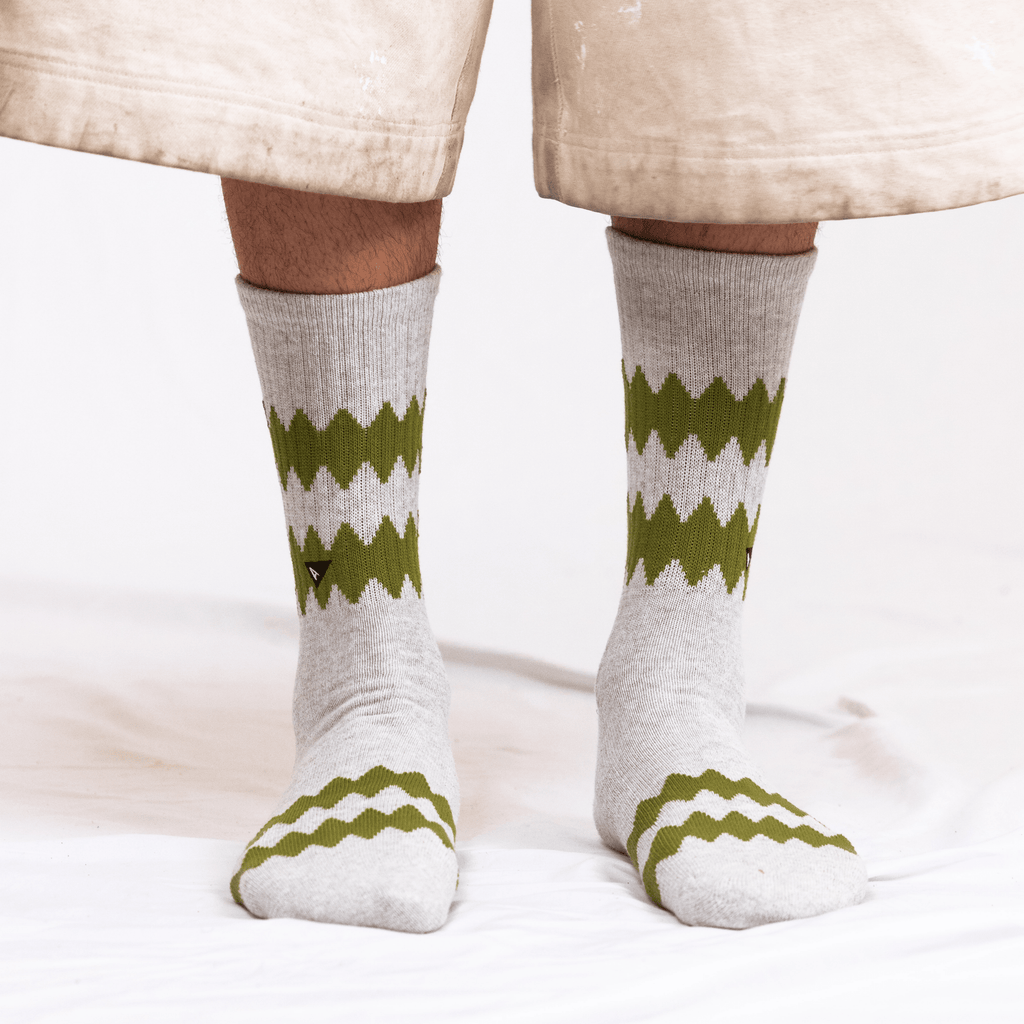 Arvin Goods crew sock with seasonal diamond pattern. Made in Portugal using recycled yarns.