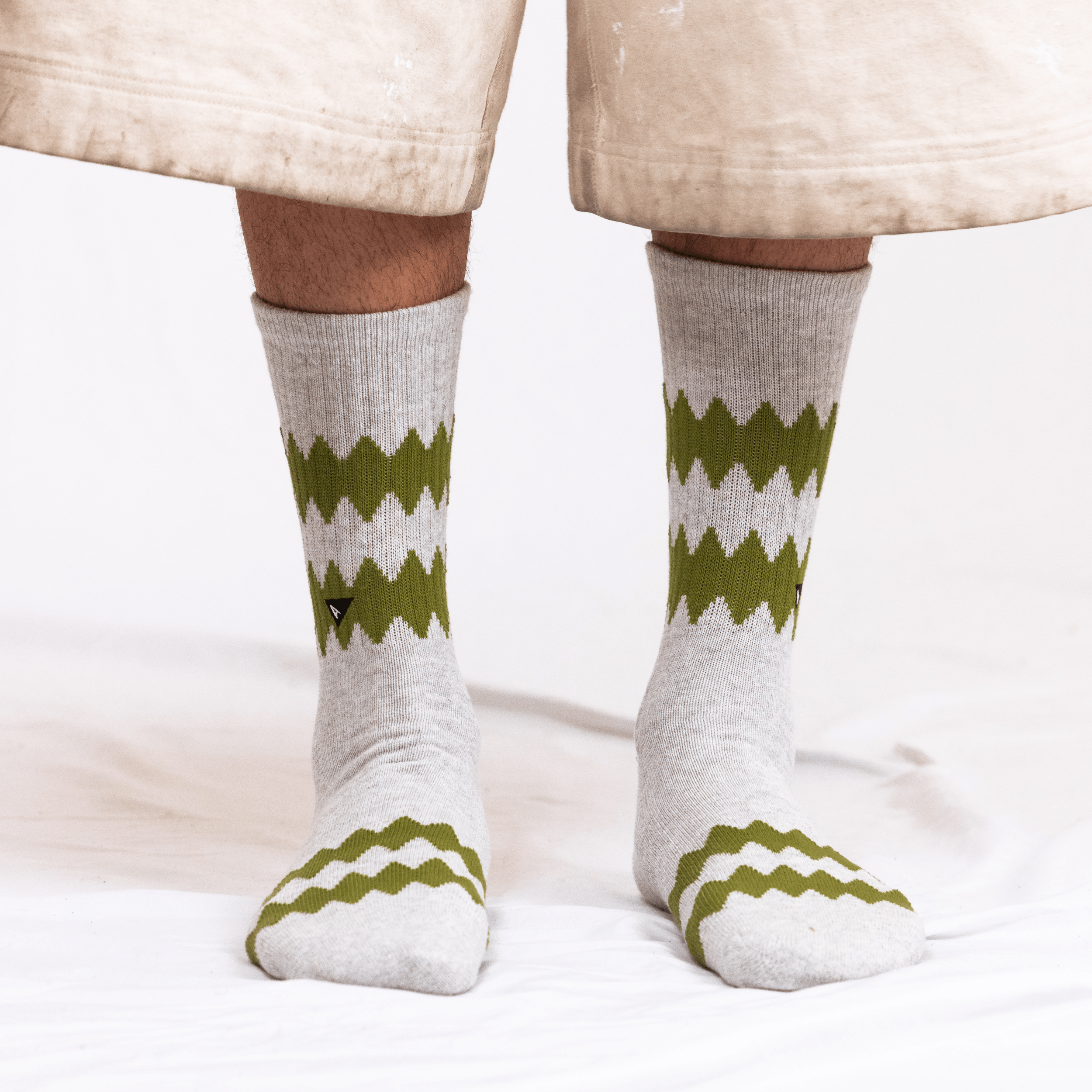 Arvin Goods crew sock with seasonal diamond pattern. Made in Portugal using recycled yarns.