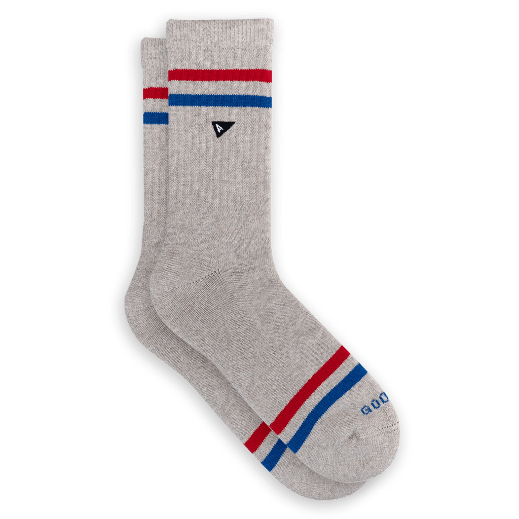 Arvin Goods crew sock with seasonal matador stripe colorway. Made in Portugal with recycled yarns