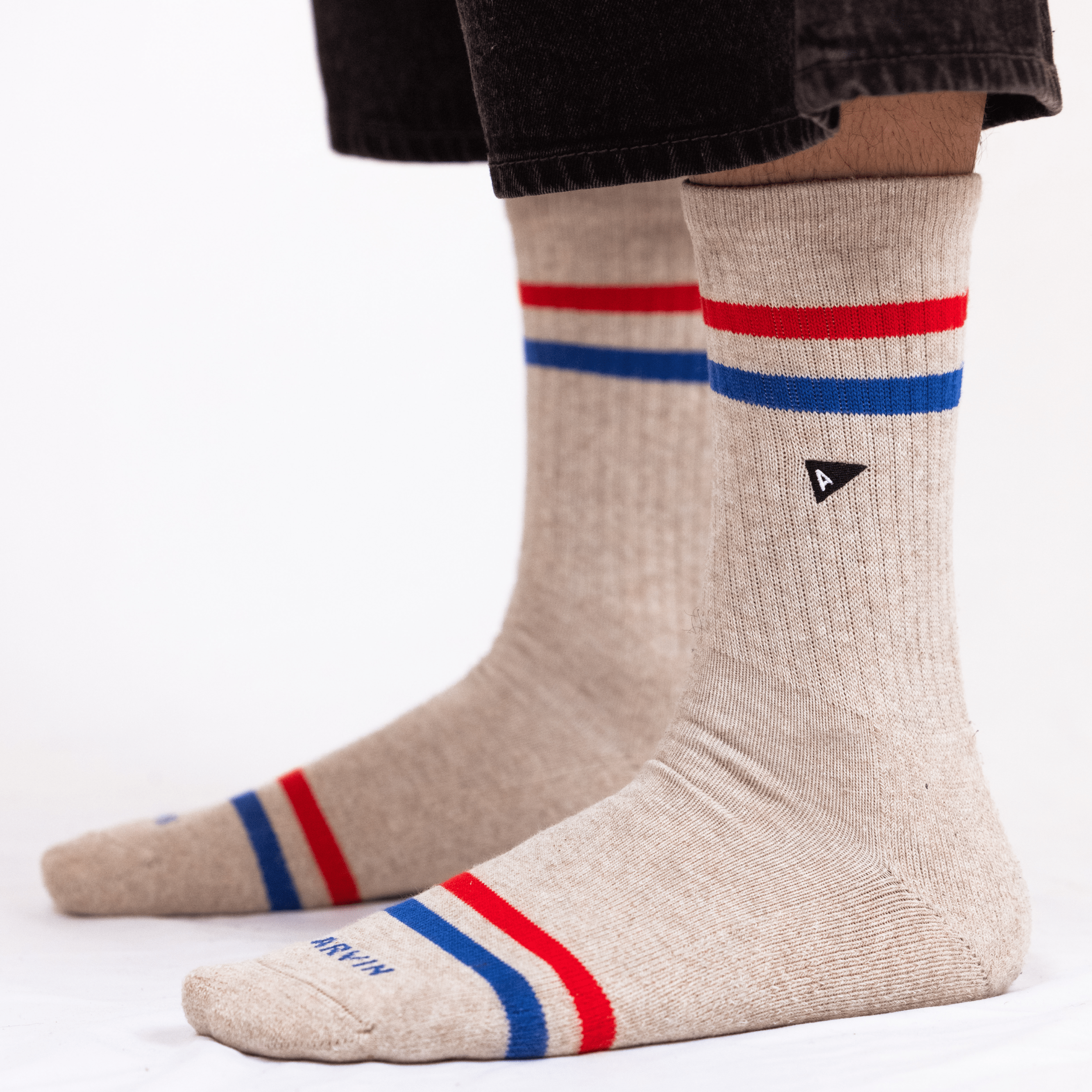 Arvin Goods crew sock with seasonal matador stripe colorway. Made in Portugal with recycled yarns