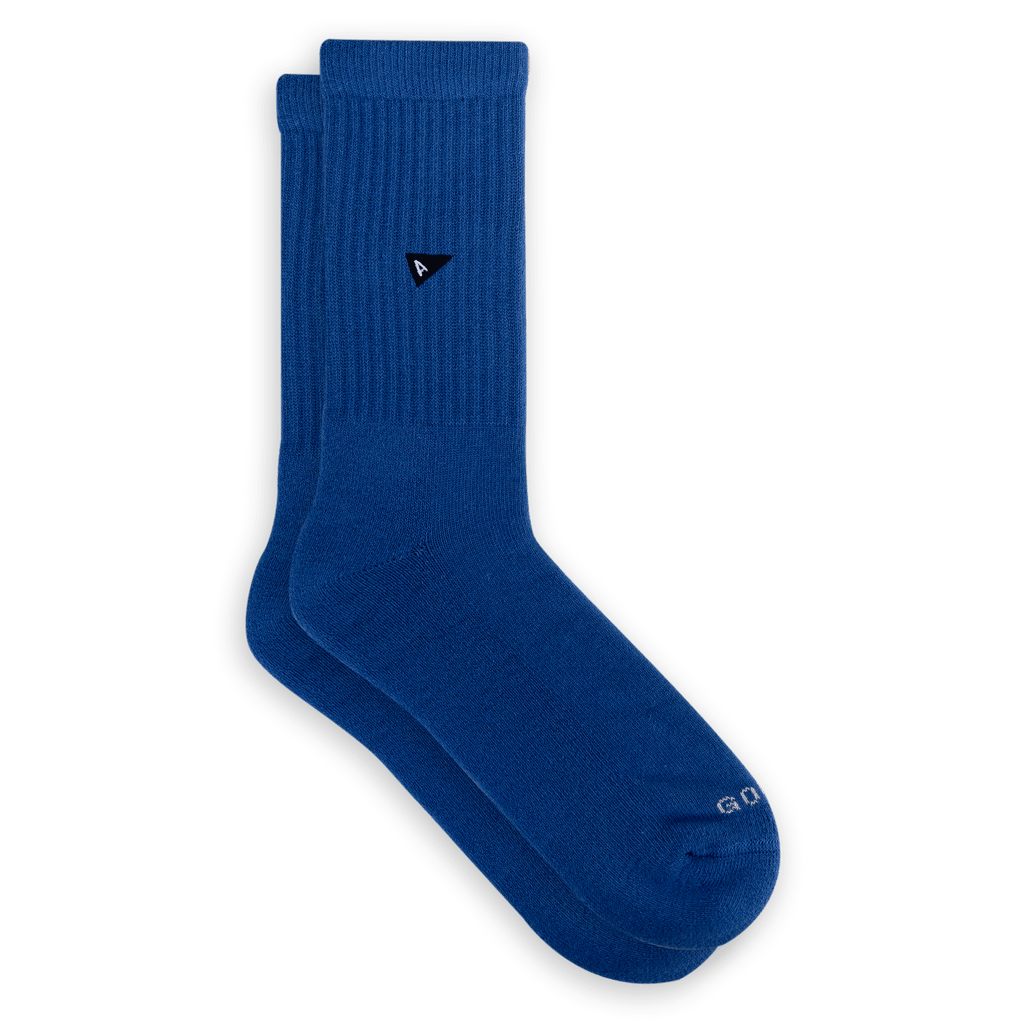 Arvin Goods crew sock in seasonal Royal Blue. Made in Portugal with recycled yarns. Unisex fit.