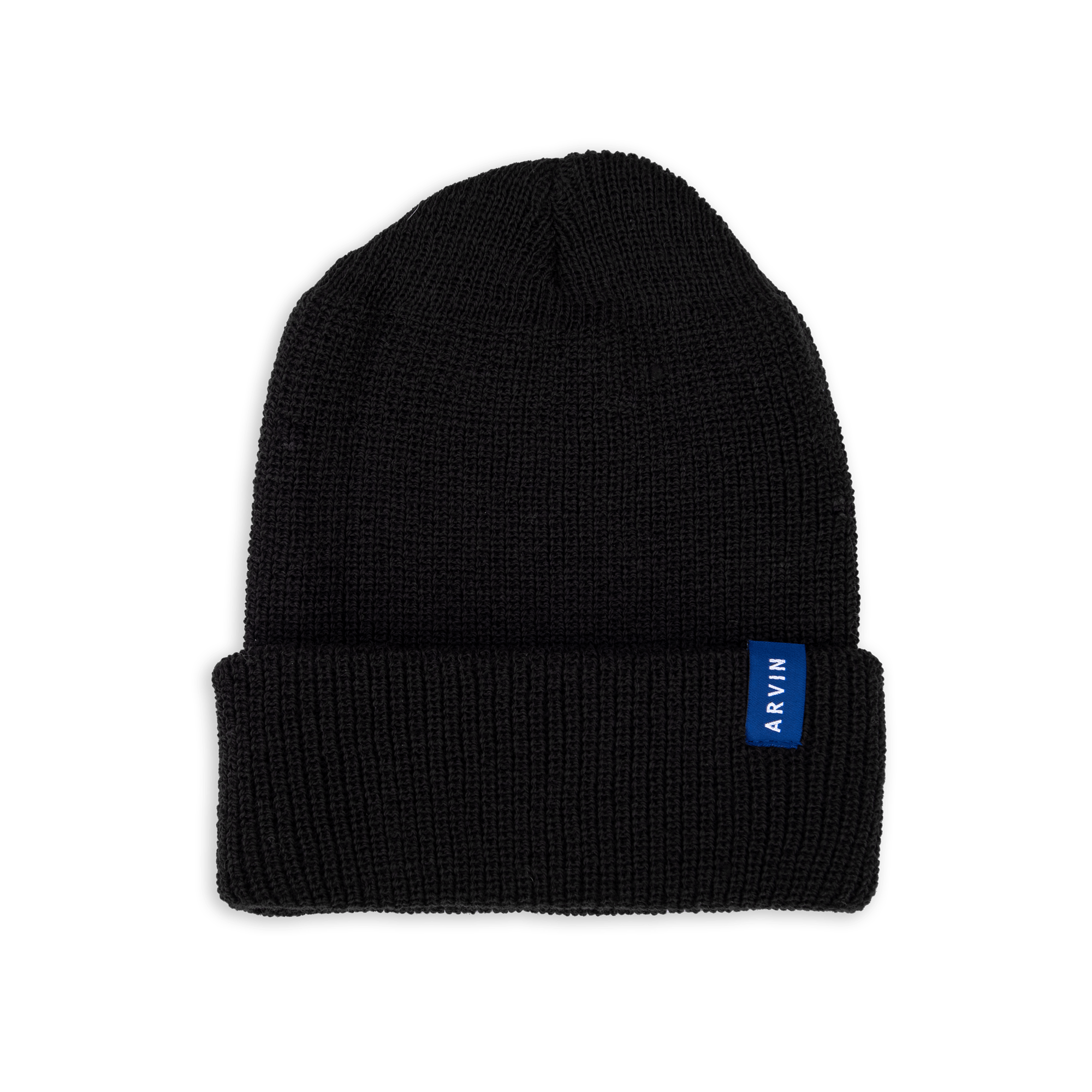 “Arvin Goods Classic Rib Beanie in black 100% merino wool, made in USA, unisex”