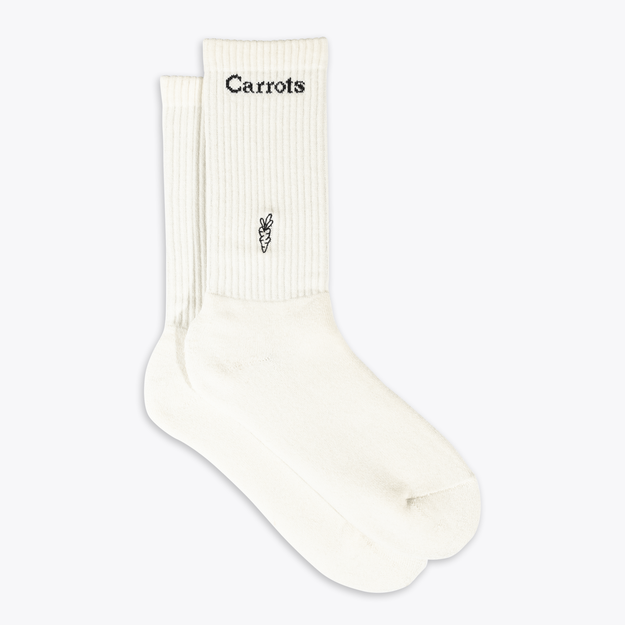 Arvin Goods x Carrots crew sock 2-pack. Made in Japan using recycled cotton. Includes solid and striped designs with co-branded detailing.