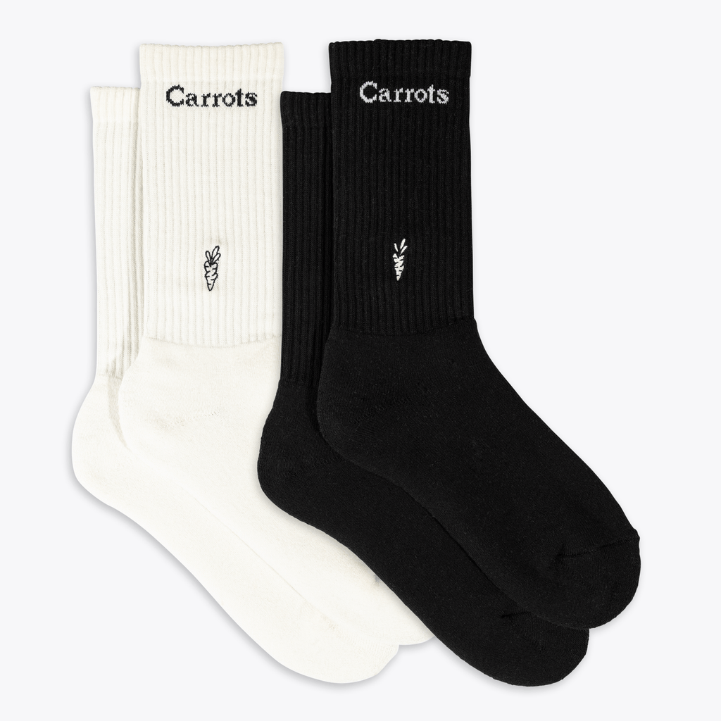 Arvin Goods x Carrots crew sock 2-pack. Made in Japan using recycled cotton. Includes solid and striped designs with co-branded detailing.